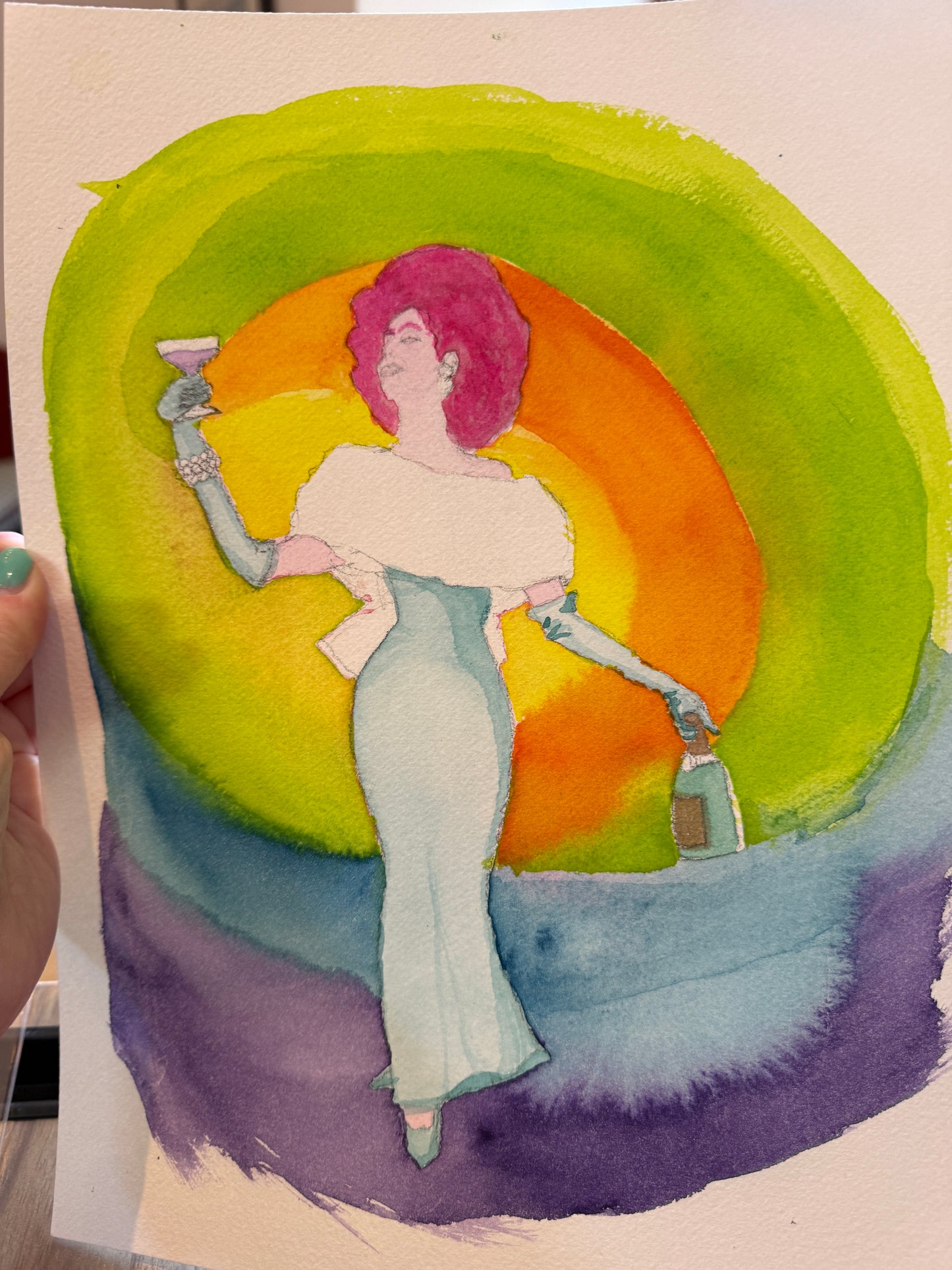 Rainbow background stage of A Toast to Pride, original Pride painting by Mandi Loomis