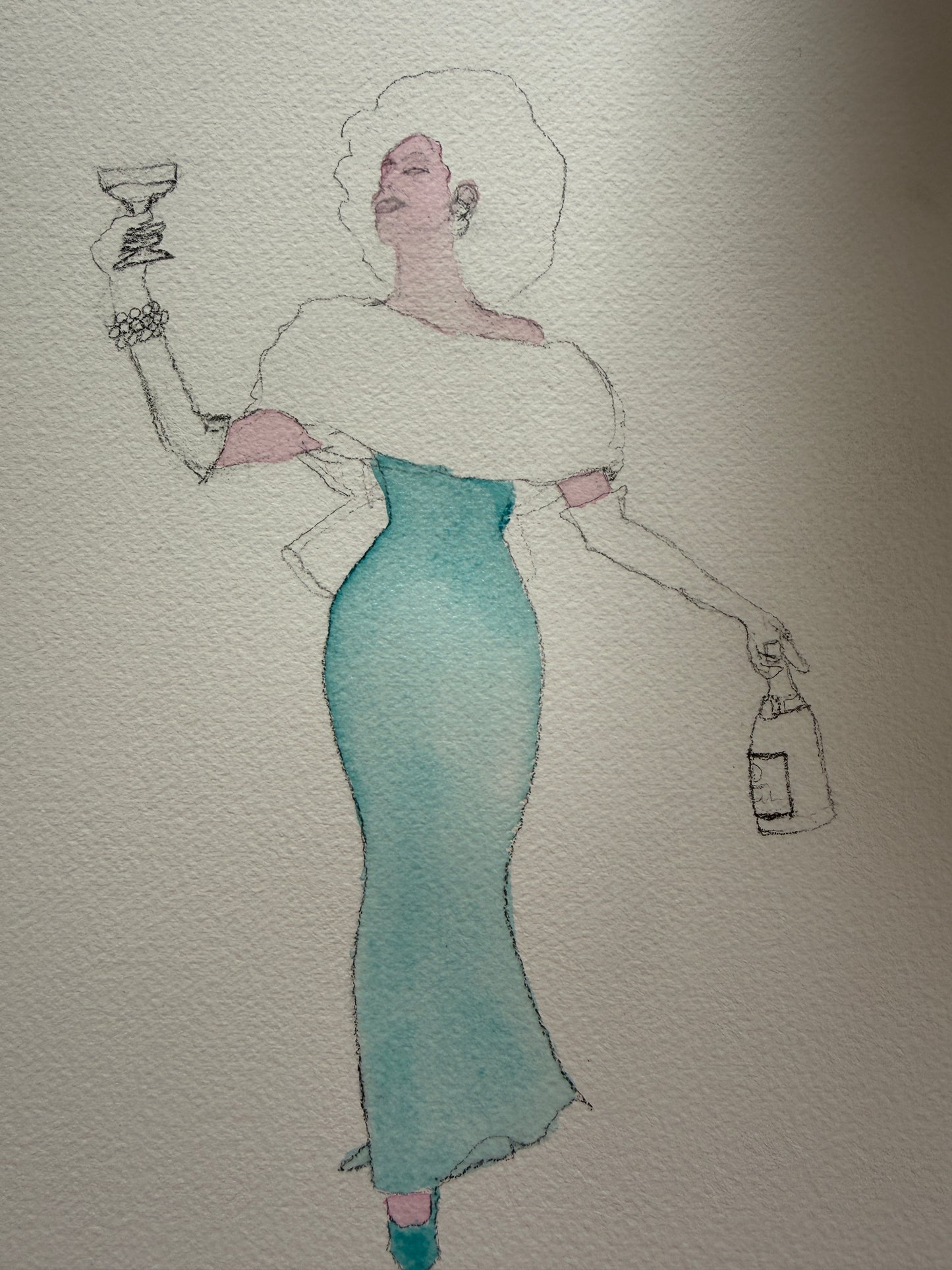 Early watercolor wash stage of A Toast to Pride by Mandi Loomis, the gown painted soft teal