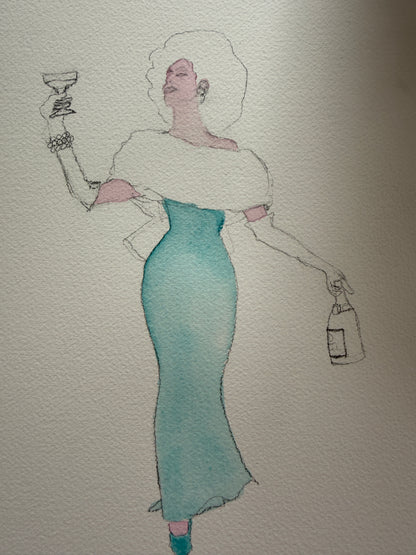Early watercolor wash stage of A Toast to Pride by Mandi Loomis, the gown painted soft teal