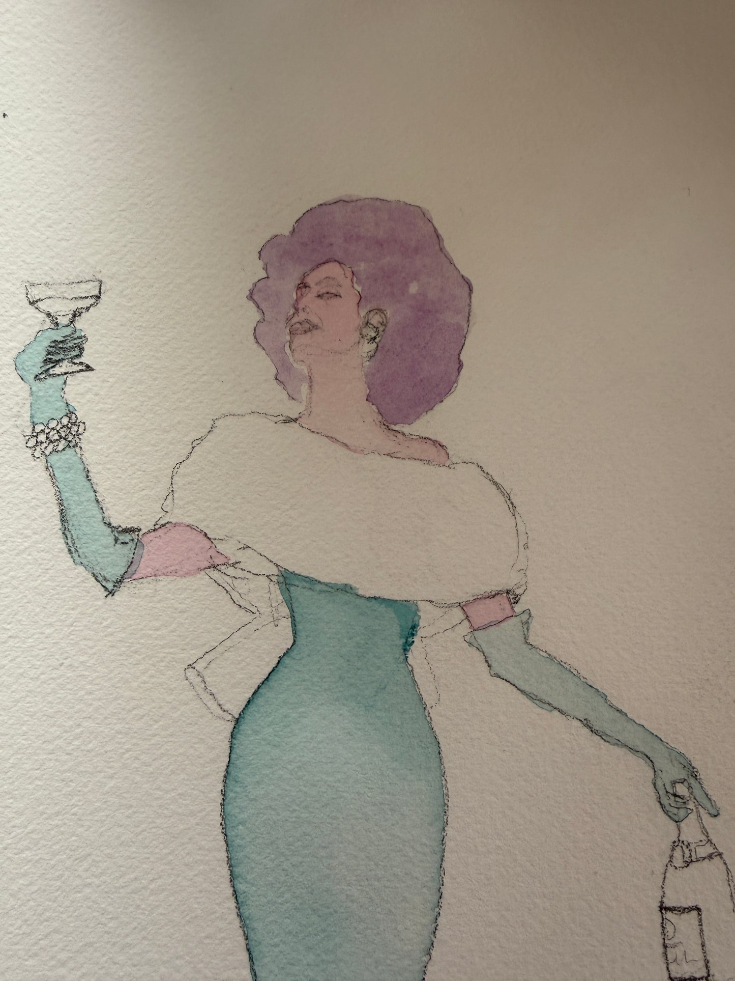 In-progress stage of A Toast to Pride, the figure and gown taking color
