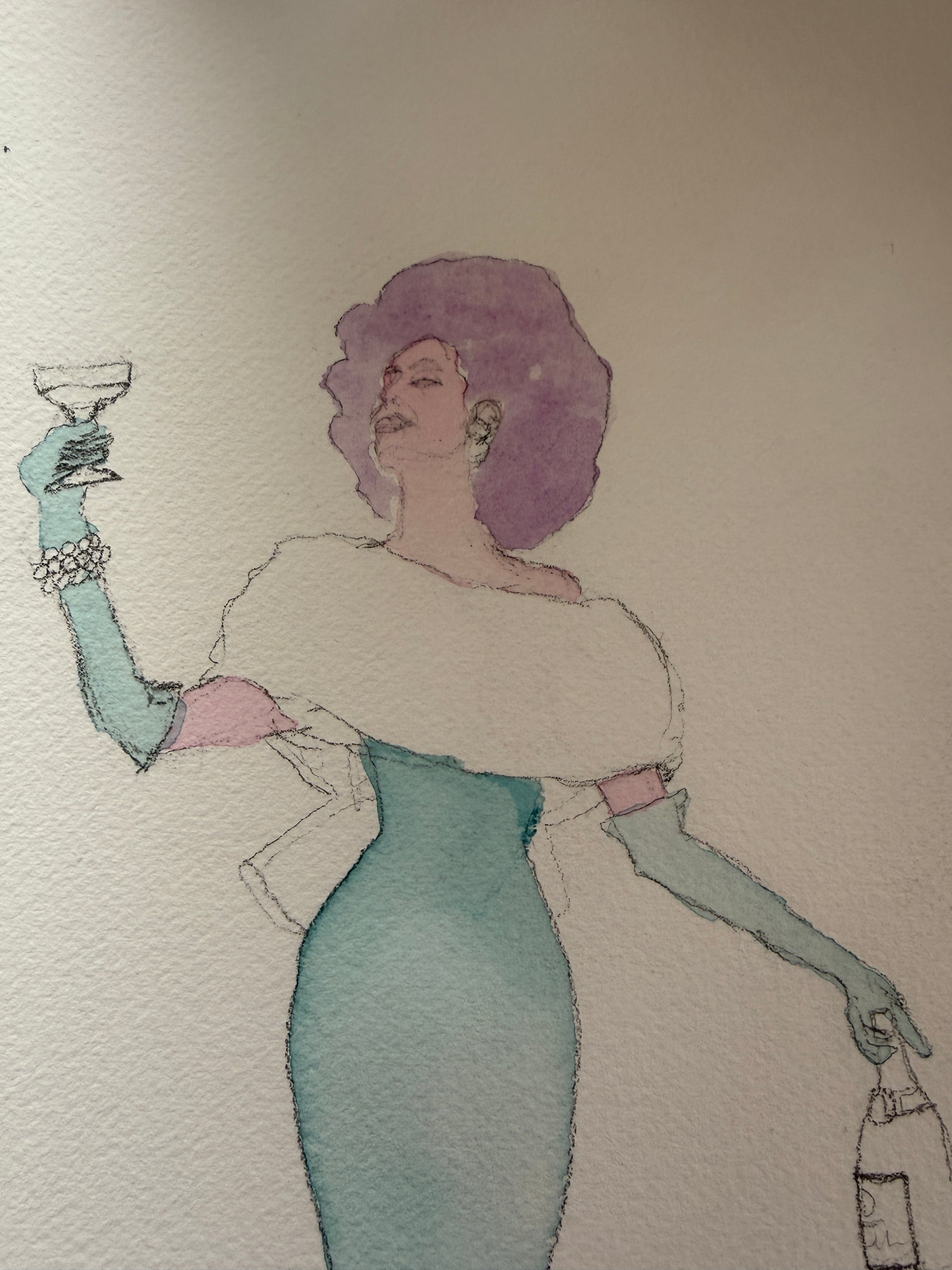 In-progress stage of A Toast to Pride, the figure and gown taking color