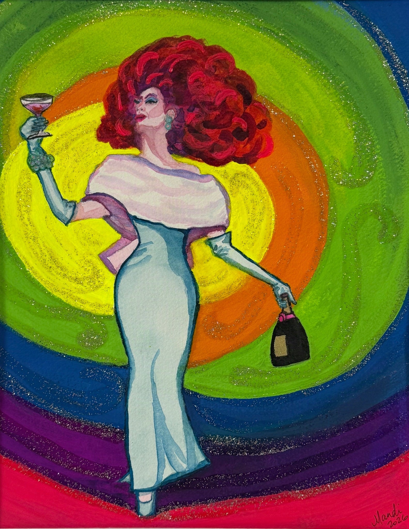 A Toast to Pride, an original mixed-media painting by Mandi Loomis of a glamorous retro woman with big pink hair in a white gown, raising a champagne coupe with a bottle in hand, on a swirling glittery rainbow