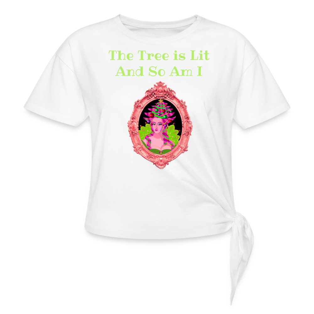 The Tree is Lit And So Am I - Women's Knotted Christmas T-Shirt - white