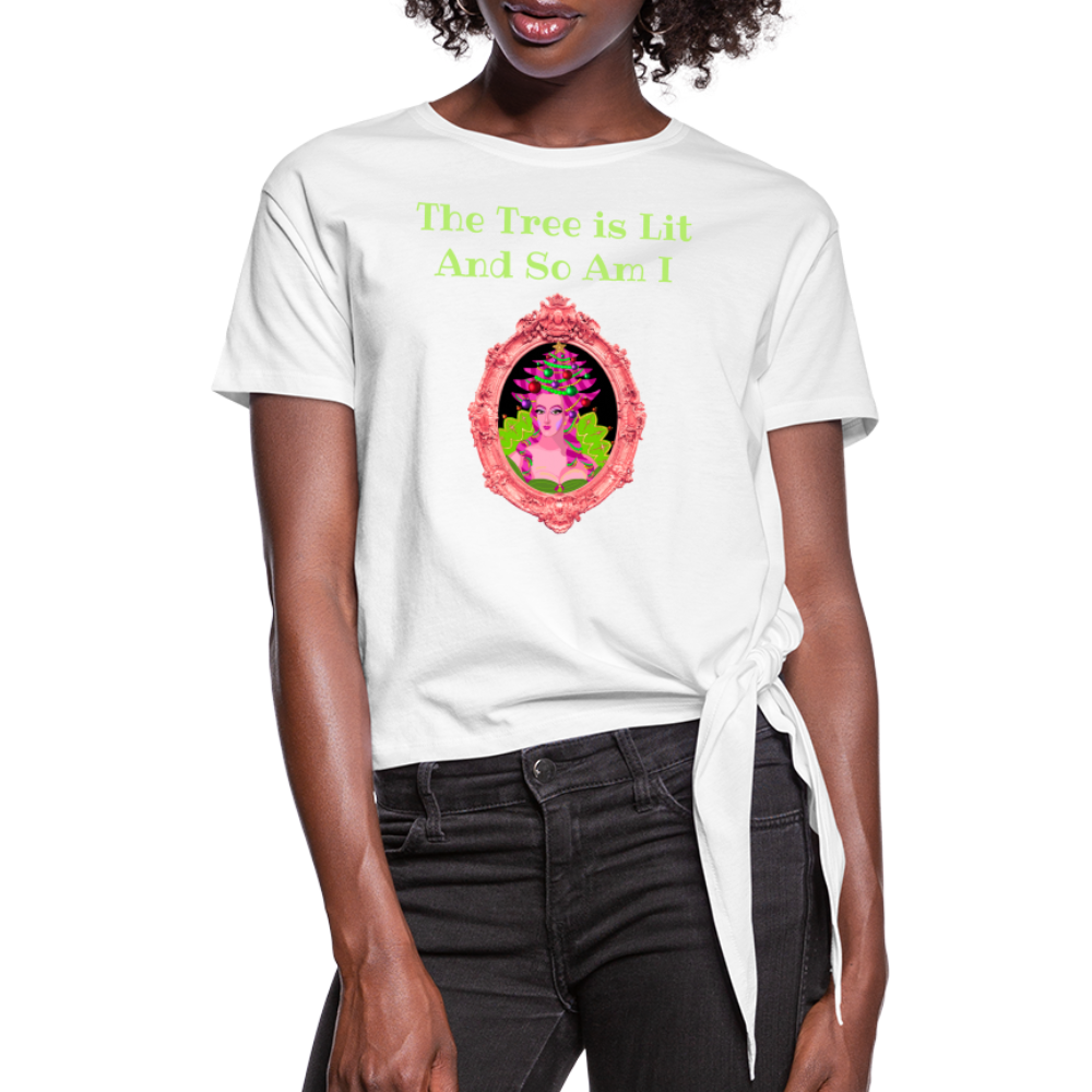 The Tree is Lit And So Am I - Women's Knotted Christmas T-Shirt - white