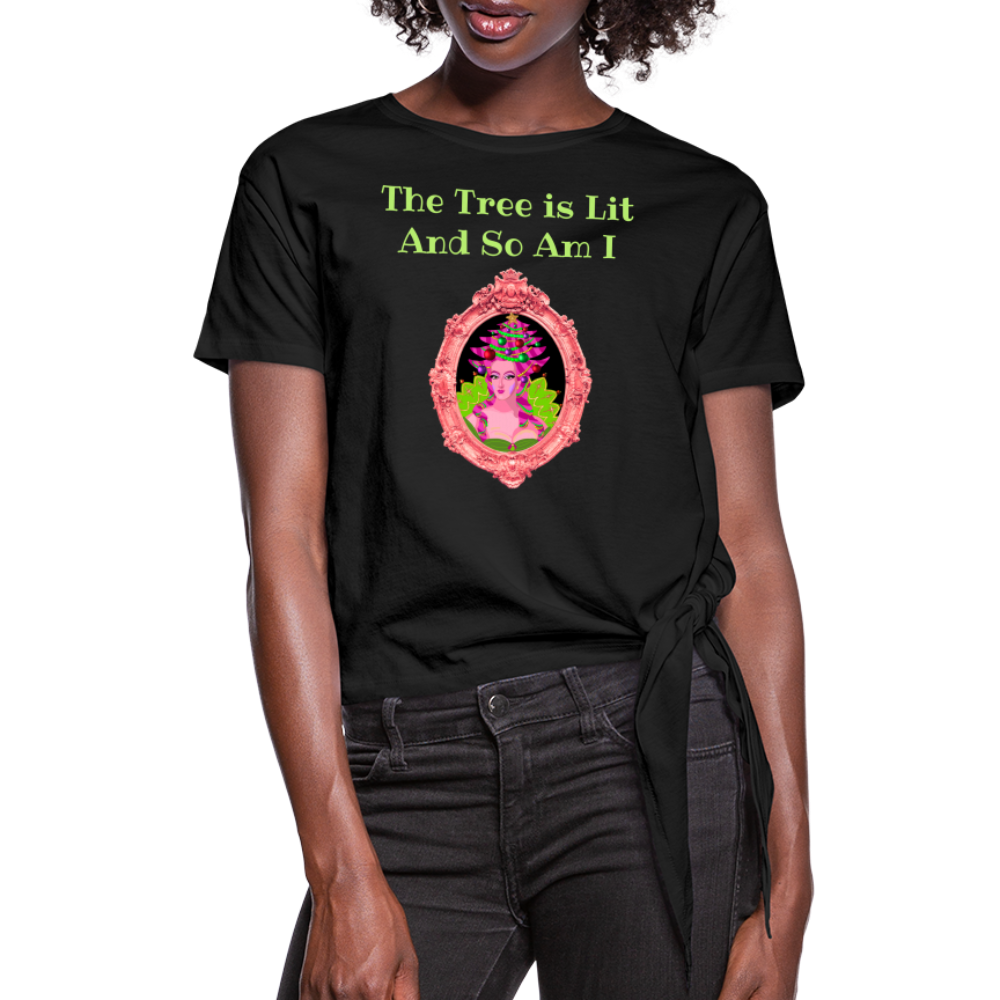 The Tree is Lit And So Am I - Women's Knotted Christmas T-Shirt - black