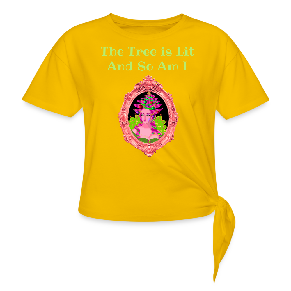 The Tree is Lit And So Am I - Women's Knotted Christmas T-Shirt - sun yellow
