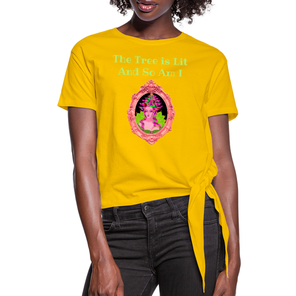 The Tree is Lit And So Am I - Women's Knotted Christmas T-Shirt - sun yellow